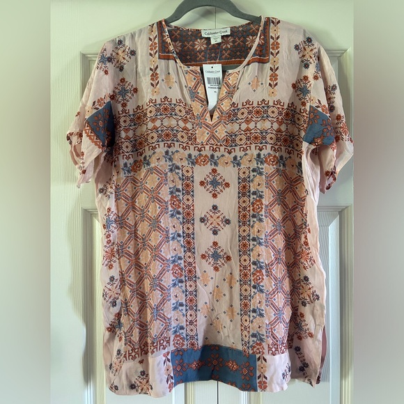 Coldwater Creek Blouse Women’s Size XS Pink Geometric Pattern Short Sleeve NWT - Picture 1 of 12